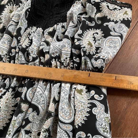 Daniel Rainn Paisley Maxi Dress S Embroidered Black White Green Tan Sheer Long - Picture 11 of 12